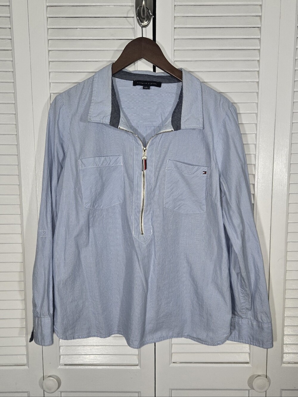 Tommy Hilfiger Light Blue Striped Half Zip Popover Utility Patch Pocket Shirt XL